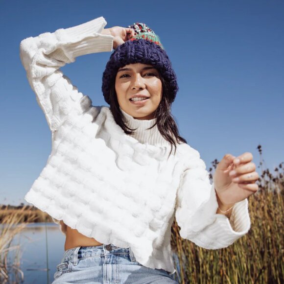 NWOT Free People Tide Stripe Knit Pom Beanie Navy